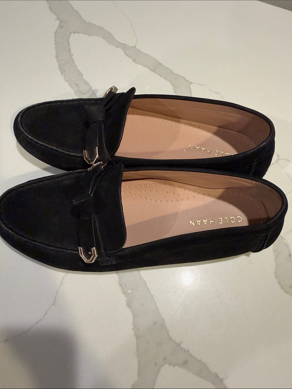 Cole Haan Evelyn Bow Black Suede Slip-On Loafers with Gold Accent - Picture 3 of 10